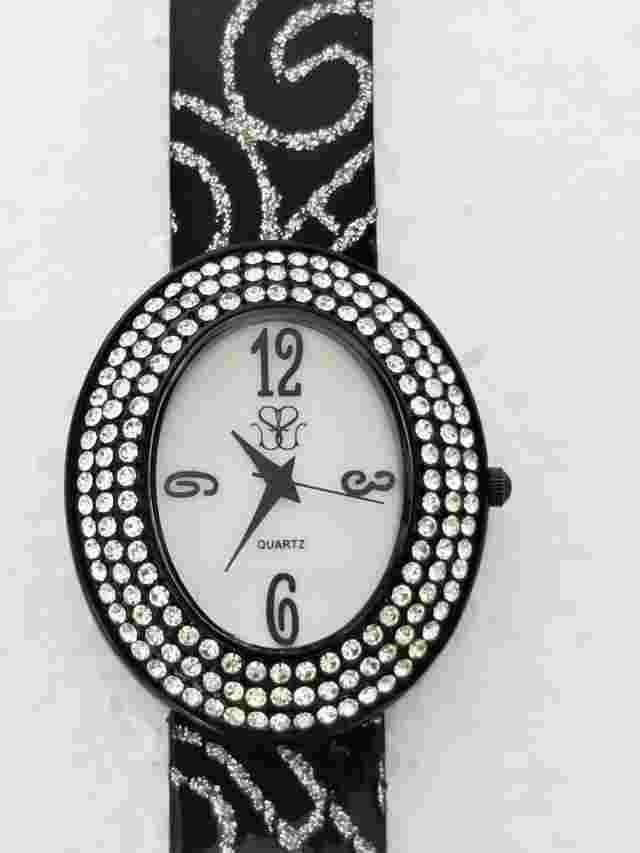 Suzanne Somers Watch Wristwatch Womens Black Leather Silver Accents Crystals