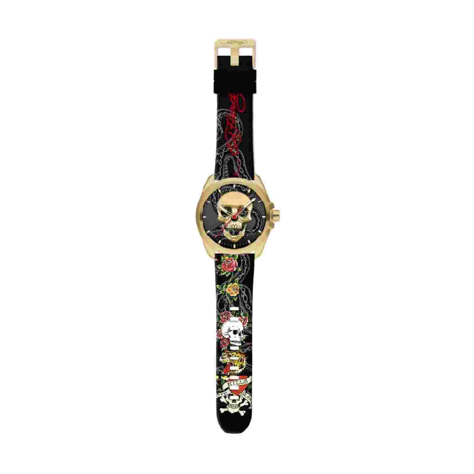 NEW ED HARDY MEN'S GOLD-TONE and MULTICOLOR PRINT SKULL WATCH IN BOX