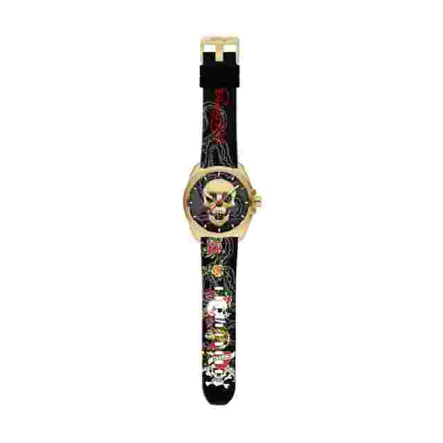 NEW ED HARDY MEN'S GOLD-TONE and MULTICOLOR PRINT SKULL WATCH IN BOX