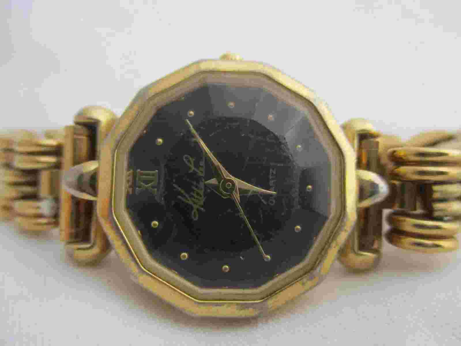 Kathie Lee Analog Watch Gold Tone Black Face Prismed Crystal