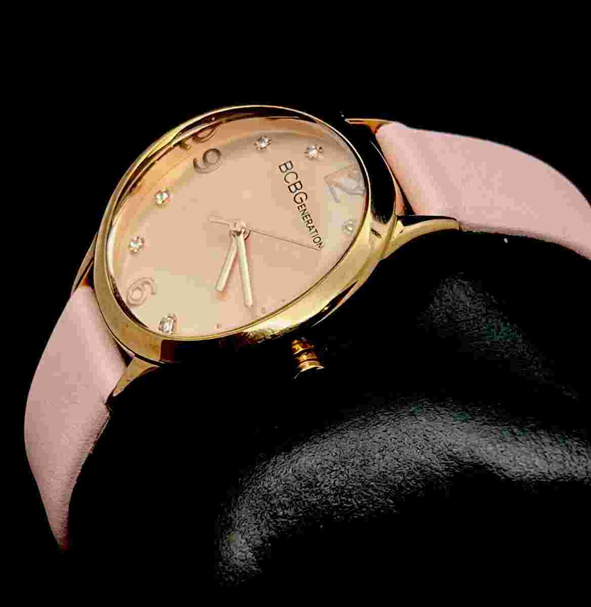 BCBGeneration Womens 32mm Rose Gold Curvex Diamond Quartz Watch Pink Strap NOS