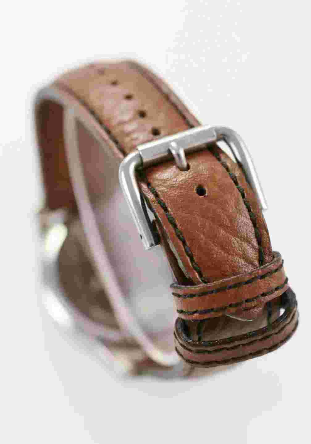 Folio Watch Mens Stainless Silver Brown Leather Water Resistant White Quartz