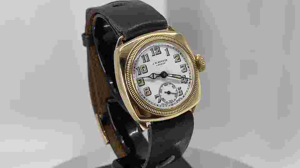 J W Benson 18k solid gold mens watch, Excellent, Cushion Case, Enamel Dial, 30's