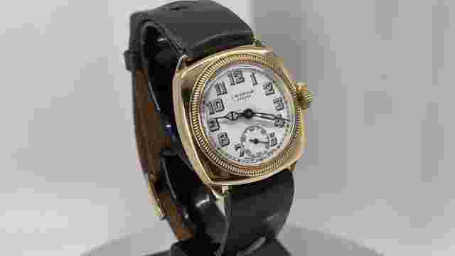 J W Benson 18k solid gold mens watch, Excellent, Cushion Case, Enamel Dial, 30's