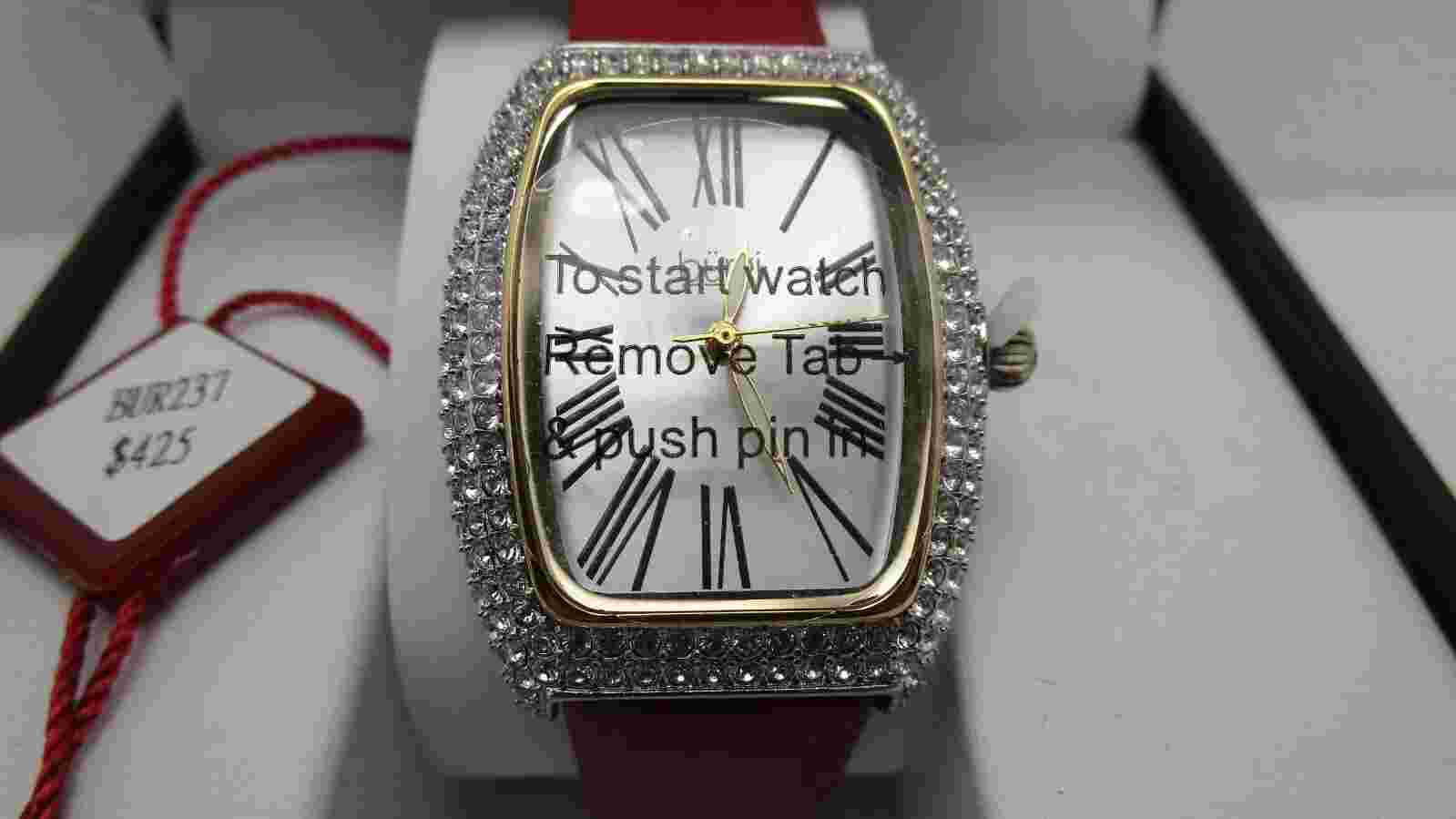Women Burgi BUR237 Quartz Swarovski Crystal Tonneau Case Leather Watch -