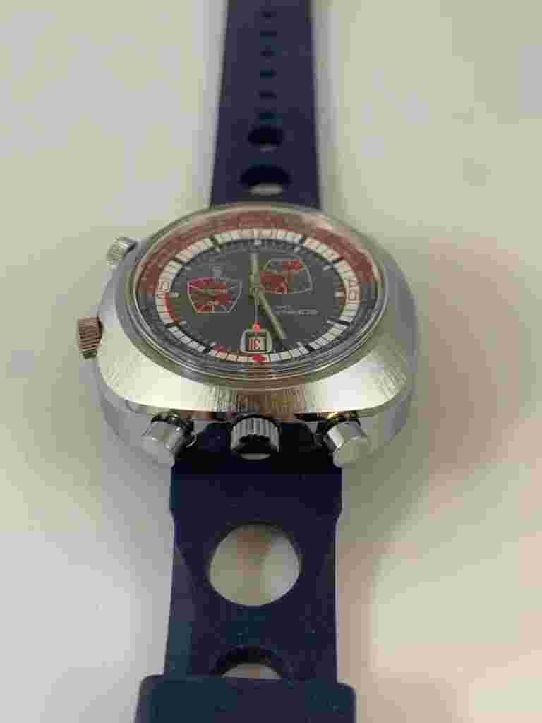 Beautiful & Rare Sorna Swiss Mechanical Bullhead Chronograph, 1970 5 Crowns’ NOS