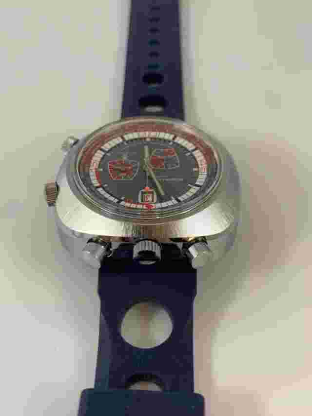 Beautiful & Rare Sorna Swiss Mechanical Bullhead Chronograph, 1970 5 Crowns’ NOS