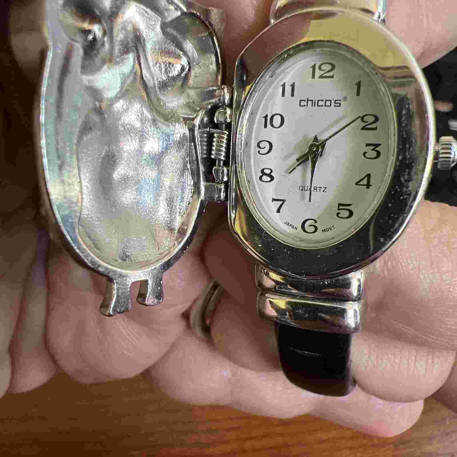 Chico's Owl Covered Crystal White Dial Silver Tone Black Open Cuff Band Watch