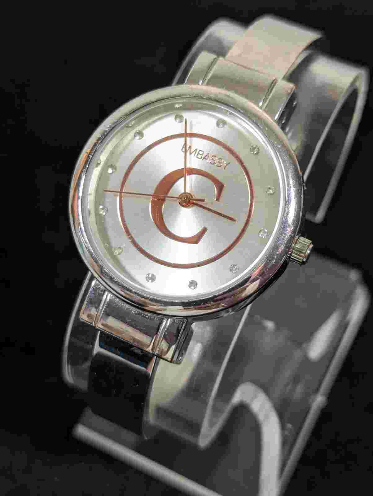 Embassy Crystal Accent Silver Tone Dial Round Case Hinge Bracelet Band Watch 6.5