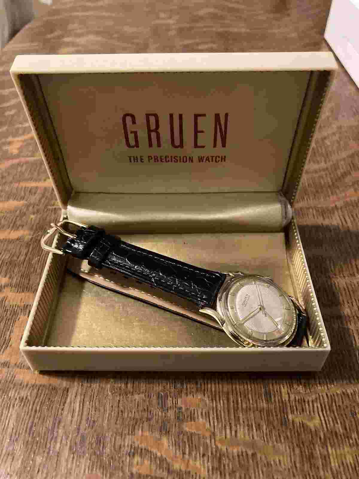 Vintage Gruen Precision 50s Sunburst Dial 10k Rg Men's watch With Box