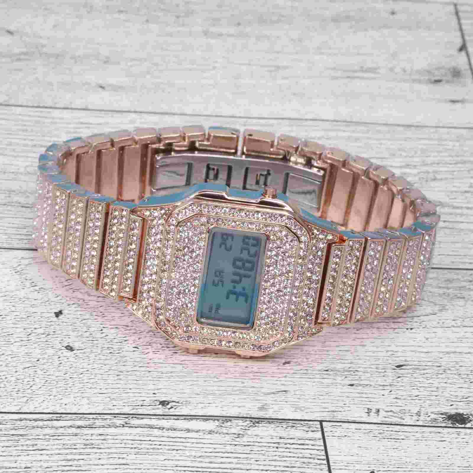 Montres Carlo Men's Hip Hop Luxury Stones Clubbing Wrist Digital Watch Rose Gold