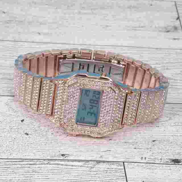 Montres Carlo Men's Hip Hop Luxury Stones Clubbing Wrist Digital Watch Rose Gold