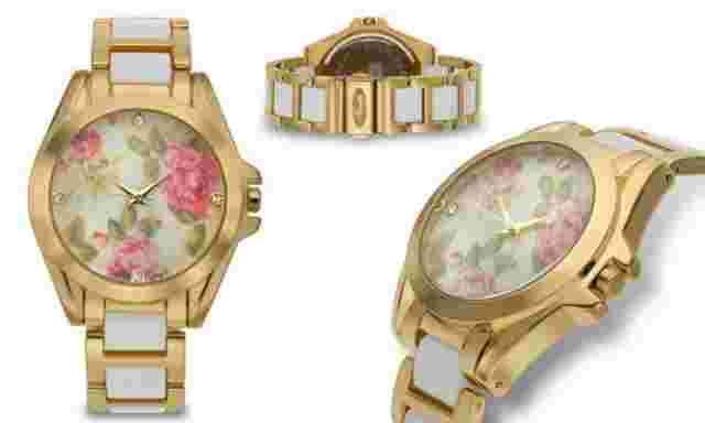 NEW Romilly 1420 Women's Rose Bud Collection White Enamel Floral Dial Gold Watch