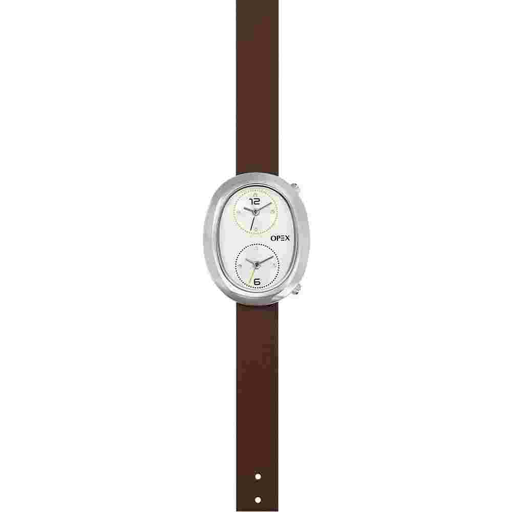 OPEX PARIS AOYAMA SILVER TONE,BROWN LEATHER,DIAMOND 2,DUAL TIME WATCH-X3971LA3