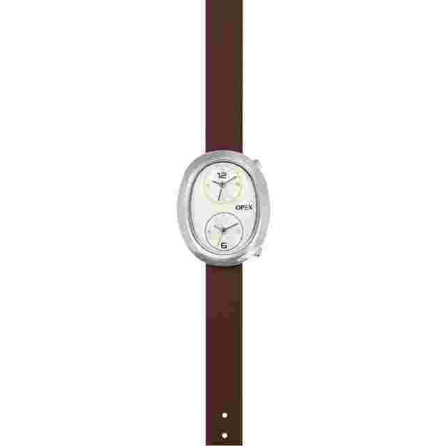 OPEX PARIS AOYAMA SILVER TONE,BROWN LEATHER,DIAMOND 2,DUAL TIME WATCH-X3971LA3