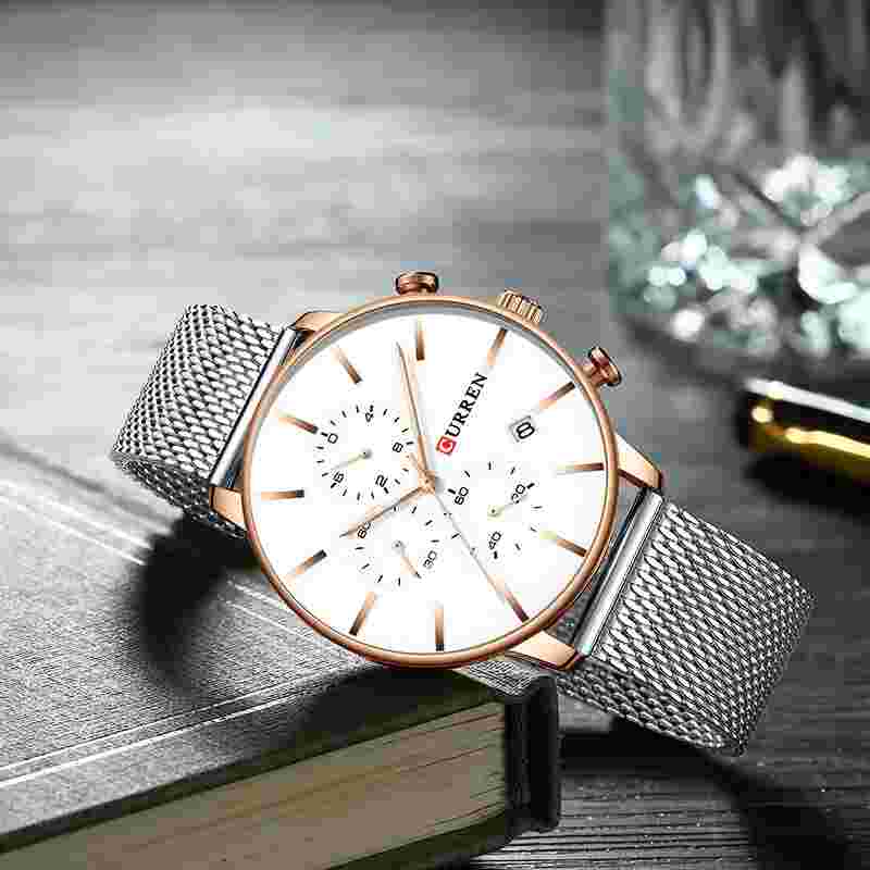 CURREN Mesh Strap Stainless Steel Quartz Watch Men Casual Male Chronograph 8339
