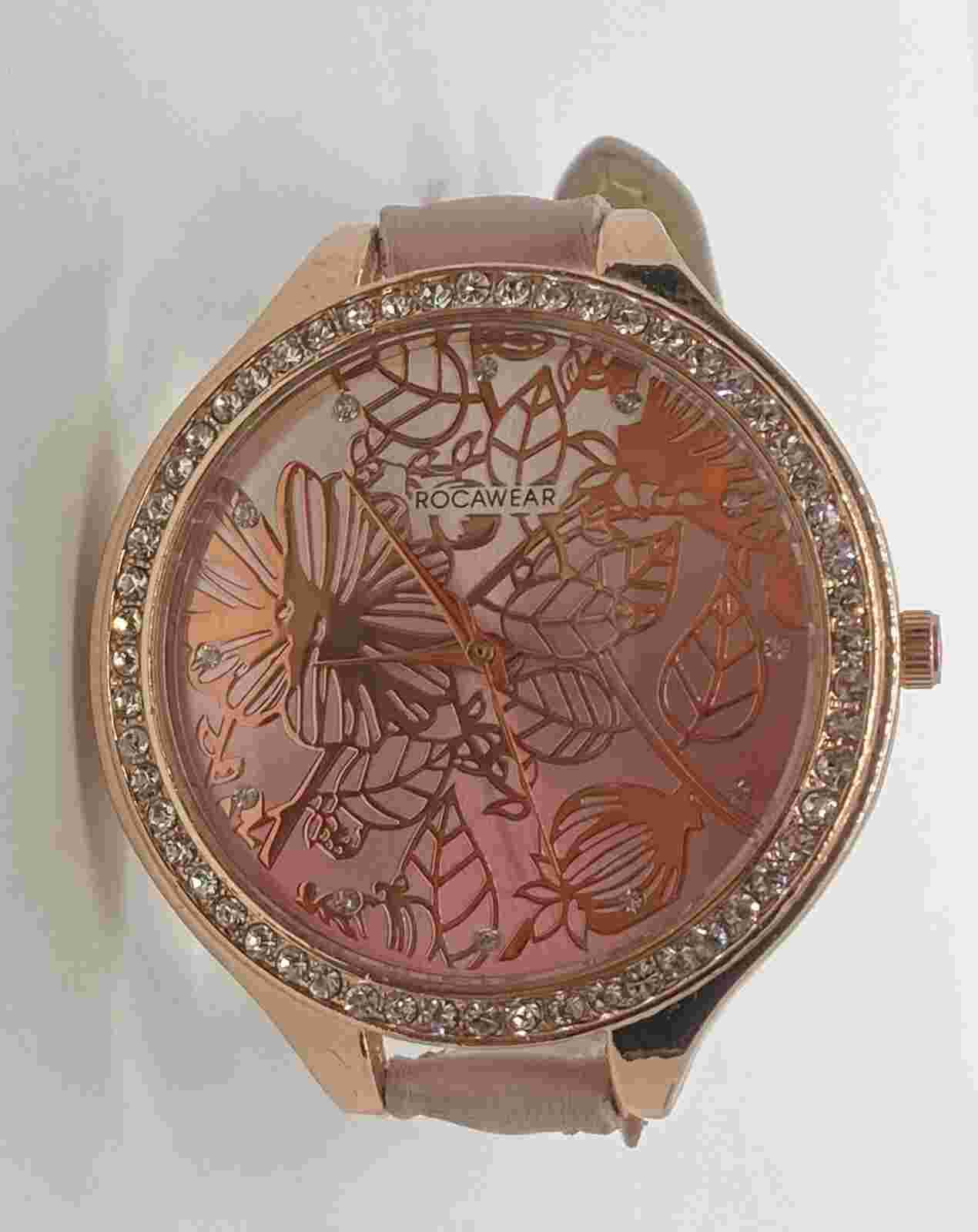 NEW ROCAWEAR Women Watch Fresh Battery Beautiful Iced Floral Gold Dial Pink Band