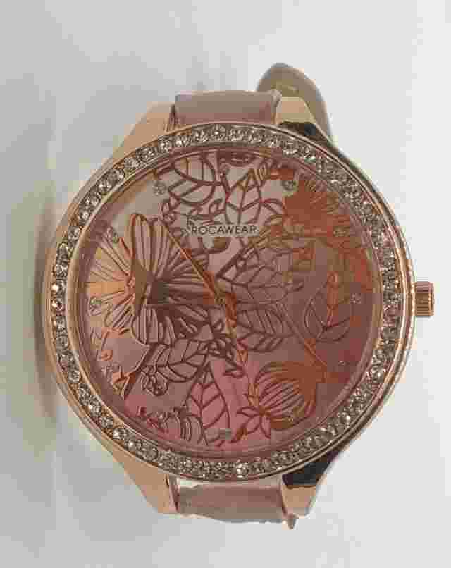 NEW ROCAWEAR Women Watch Fresh Battery Beautiful Iced Floral Gold Dial Pink Band