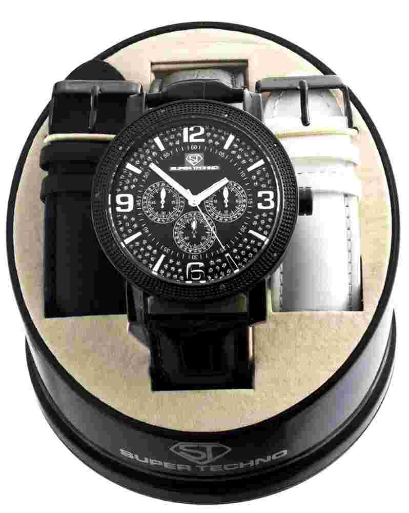 Super Techno M-6013 Men's Diamond Black Dial Leather Band Watch