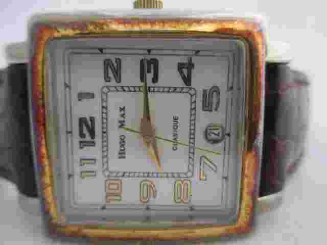 Hugo Max Clasique 18K Gold Plated Watch Rectangular Face Brown Buckle Band