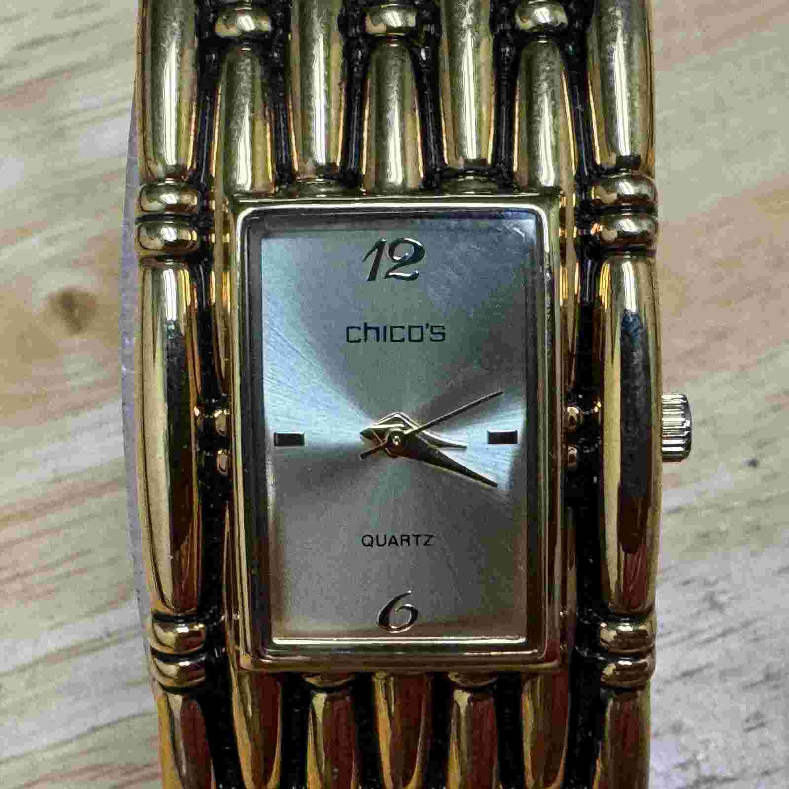 Chico's Quartz Watch Women Gold Tone Rectangle Cuff Bangle Japan Movt New Batter