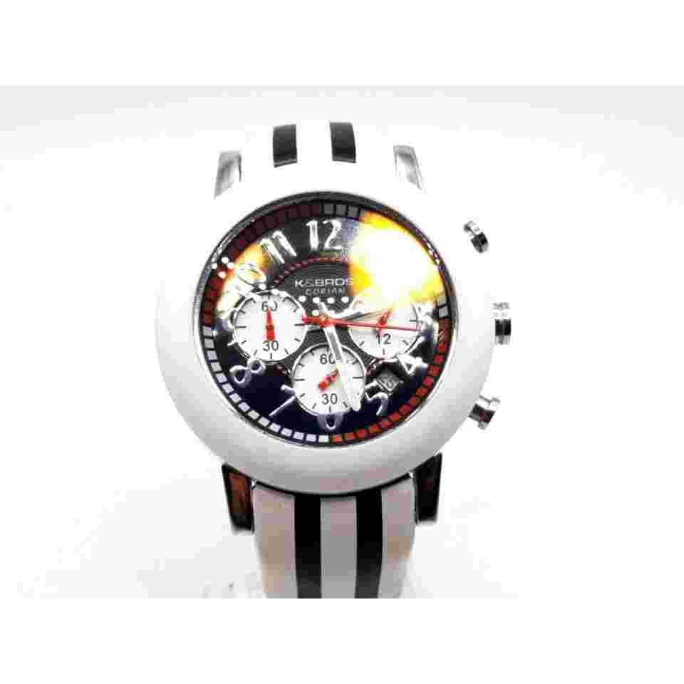 Mens K&BROS Corian Chronograph Watch New Battery Working Black And White Leather
