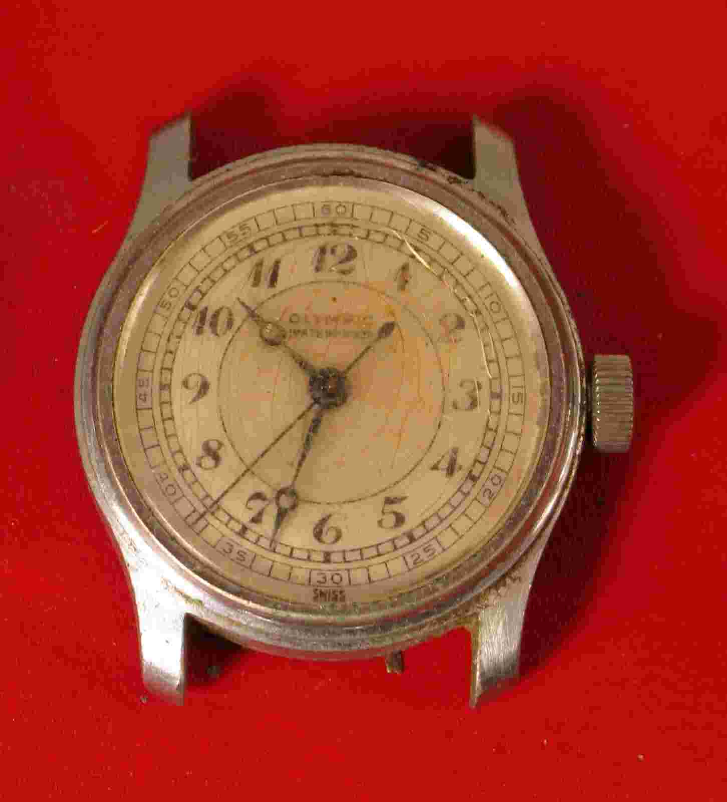 VINTAGE OLYMPIC WATERPROOF MILITARY TRENCH SILVER TONE MENS WATCH WRISTWATCH !