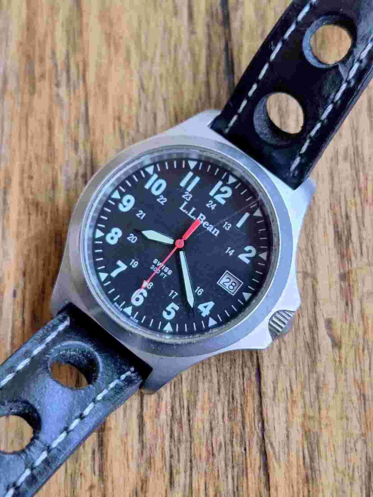 LL Bean Mens Khaki Field Watch 38mm Screwdown Crown Rally Strap