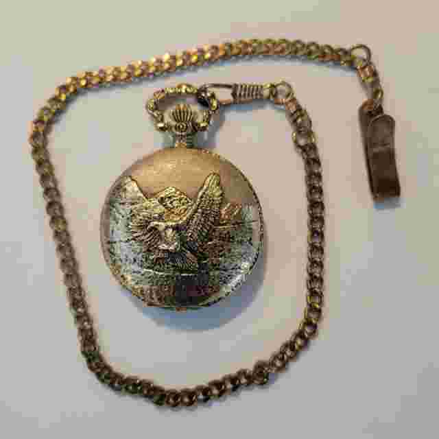 Vintage Milan Eagle Pocket Watch w/Chain Gold Tone New Battery