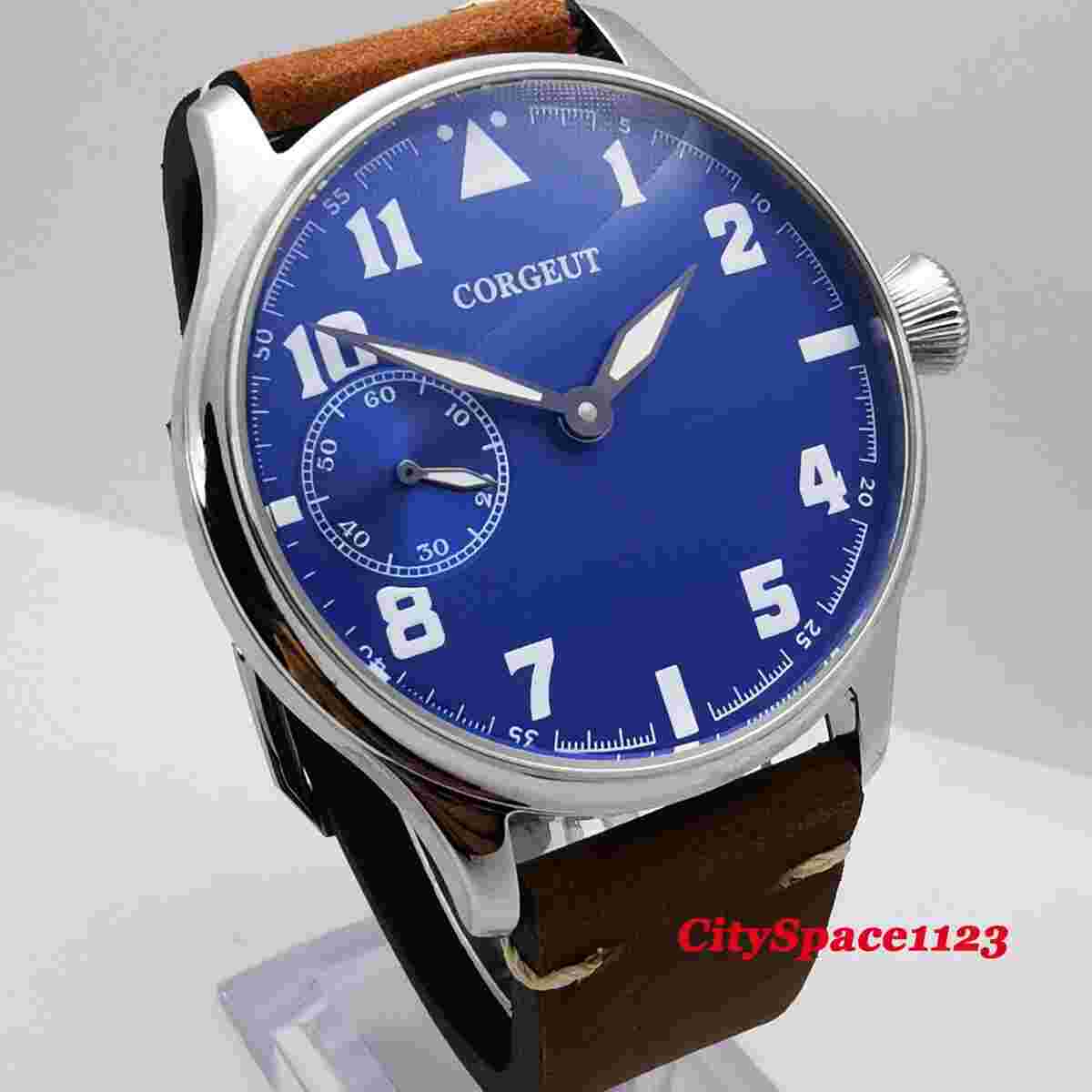 Corgeut 44mm Black Dial Leather Strap 6497 Hand WINDING Movement Watch 2445
