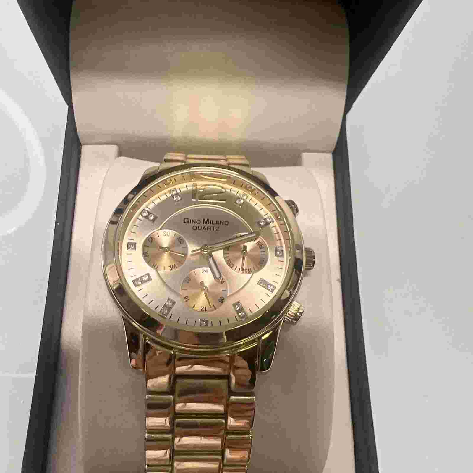Gino Milano Watch Water Resist Quartz Gold Tone Metal Band Round 39 mm Gold Dial