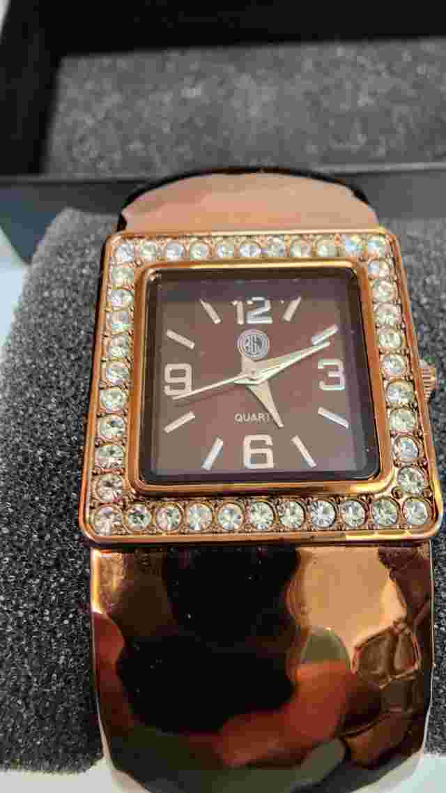 RJ Graziano Quartz Stainless Steel Back Copper Brown Rhinestone Bezel Cuff Watch