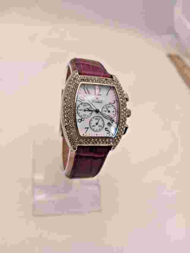 VISAGE 32mm Stainless Steel Bling Bezel W/ Date-Purpl Leather Band by Vera Pelle