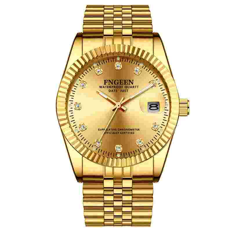 FNGEEN MEN GENTS Gold Analogue Quartz Classic Stainless Steel Diamond Wristwatch