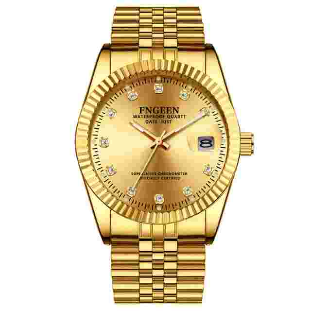 FNGEEN MEN GENTS Gold Analogue Quartz Classic Stainless Steel Diamond Wristwatch