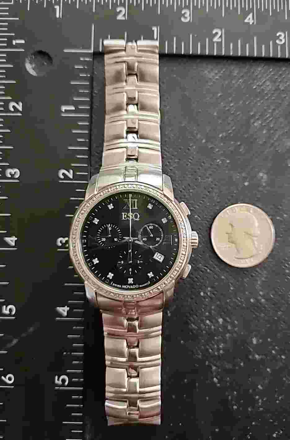 Movado ESQ Chrono Onyx Tone Roman MarkersDate Dial,Solid Stainless,Satin/Polish.