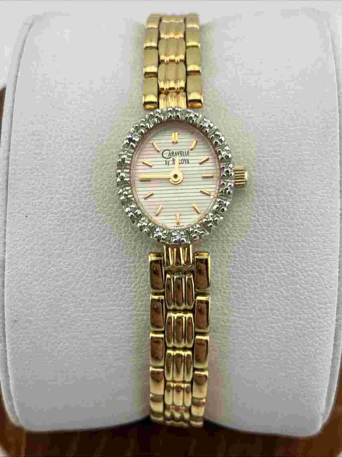 Vtg Caravelle Bulova Ladies 16mm Watch Gold Tone Diamond Bezel Gold Dial 6”-RUNS