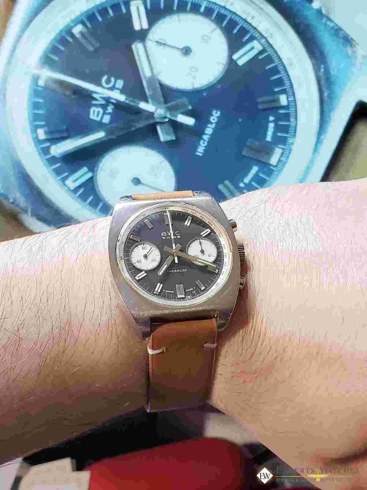 Serviced Vintage 1970's BWC Military Chronograph 7733 Watch Panda Tropical Dial