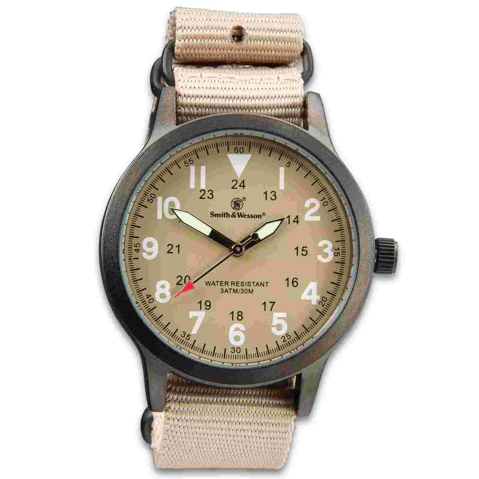 Smith & Wesson Tan Canvas Tactical Military Case 30m Water Resistant Watch