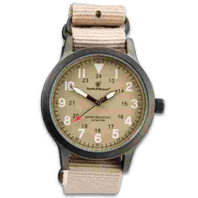 Smith & Wesson Tan Canvas Tactical Military Case 30m Water Resistant Watch