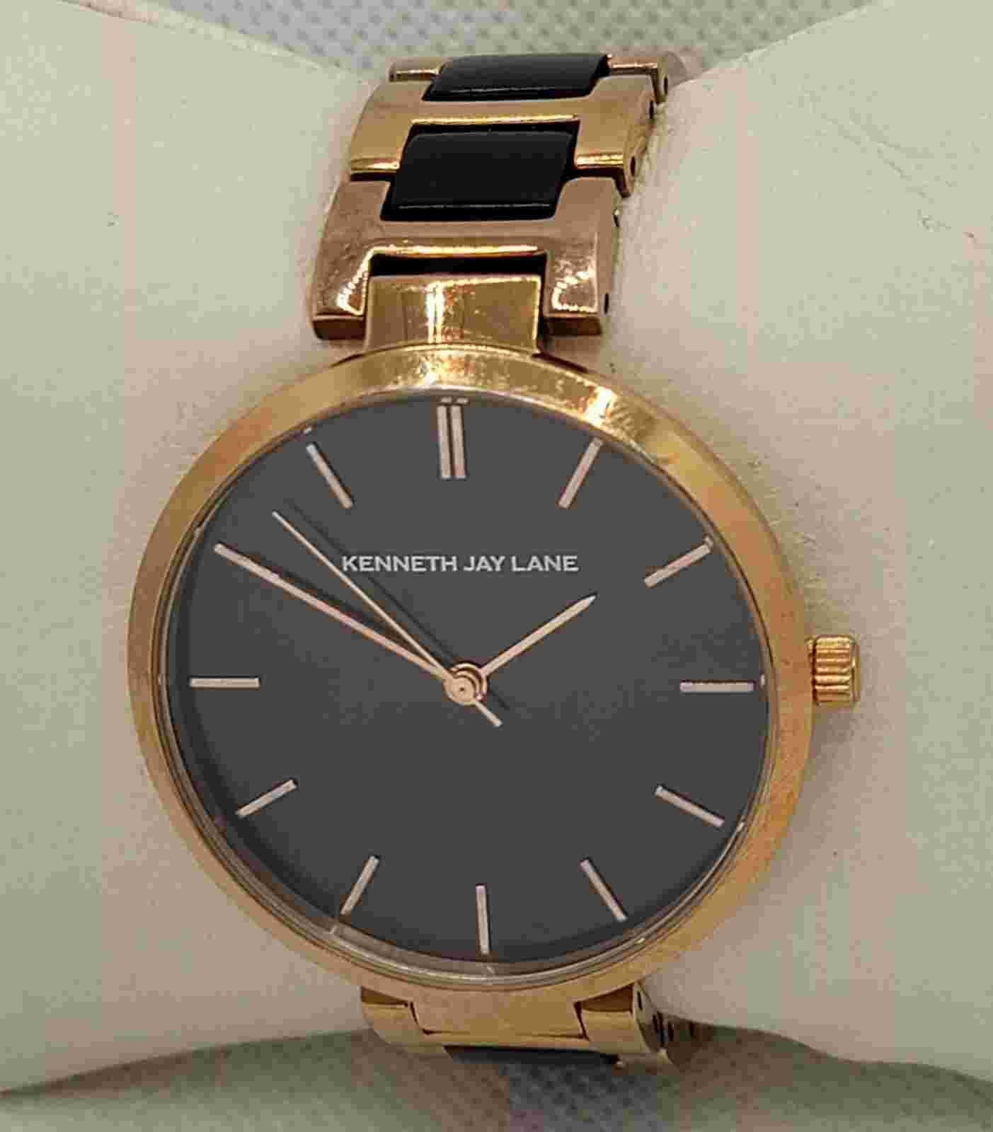 Ladies Kenneth Jay Lane Rose Gold Tone Black Dial Link Bracelet Analog Watch K3