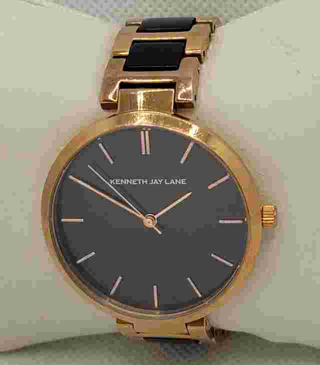 Ladies Kenneth Jay Lane Rose Gold Tone Black Dial Link Bracelet Analog Watch K3