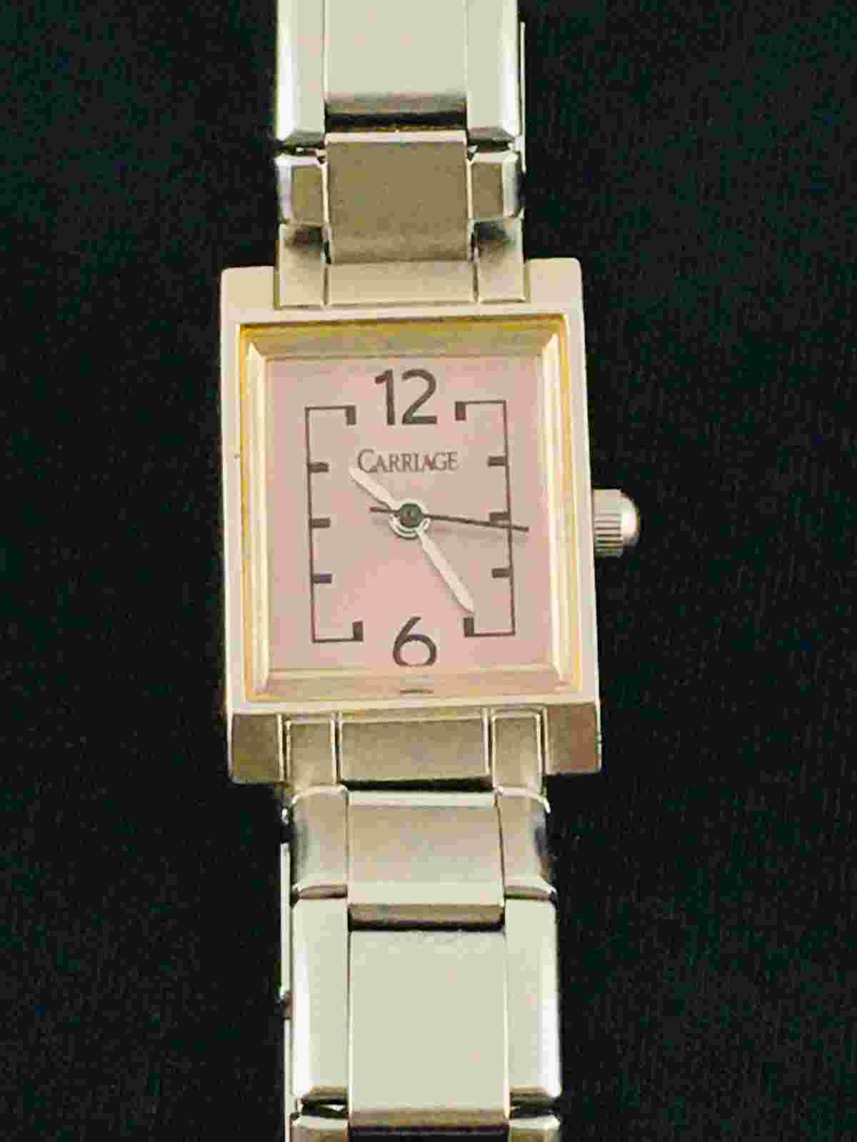 Carriage WristWatch Pink Face Silver Tone Stretch Link Band Working