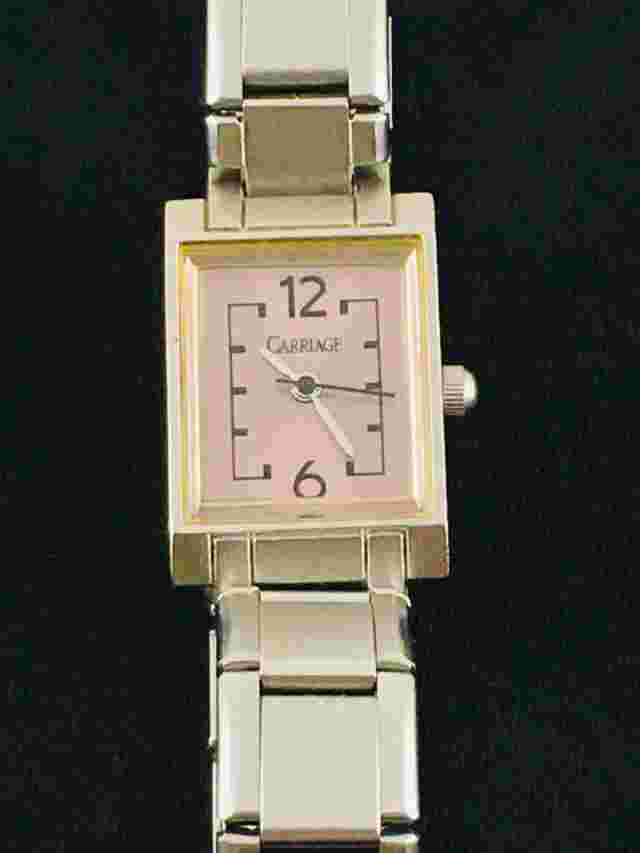 Carriage WristWatch Pink Face Silver Tone Stretch Link Band Working