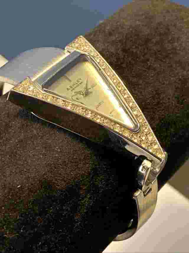 Ashley Princess Silver Dial Wedge Case Silver Tone Crystal Accent Link Watch