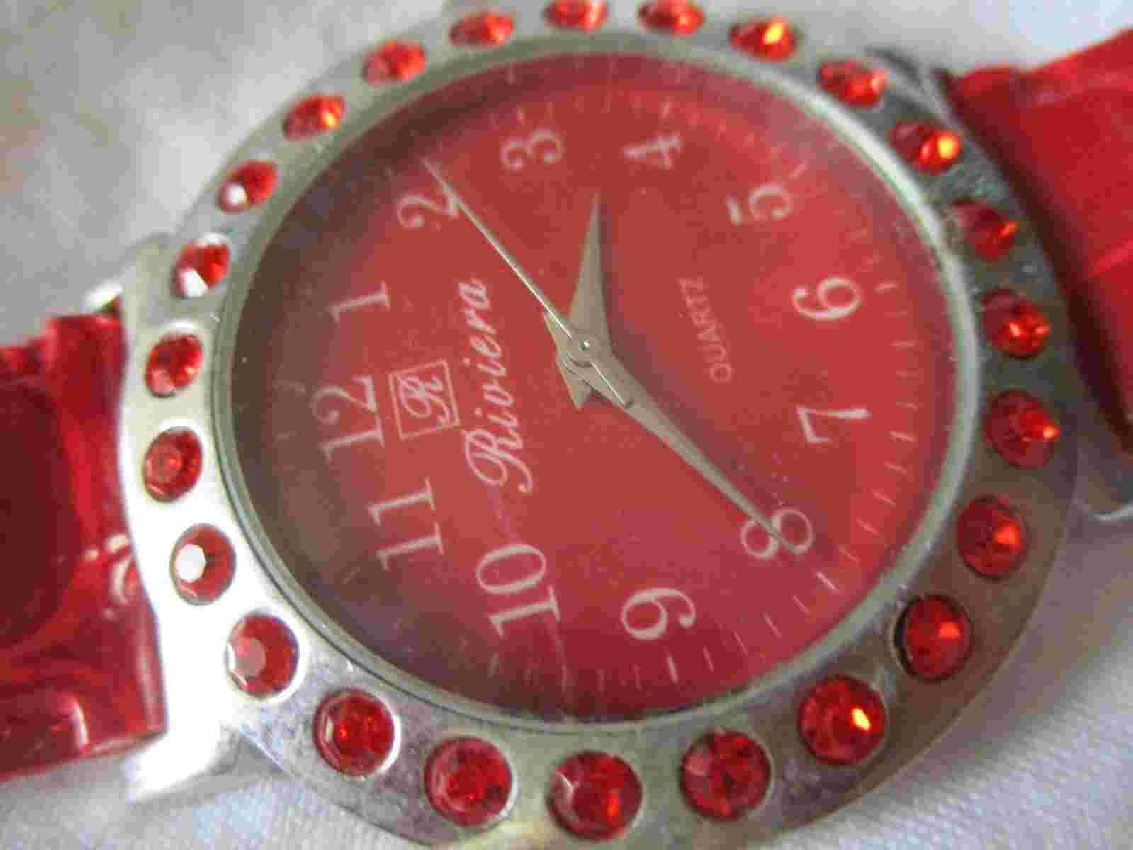 Riviera Wristwatch Red Buckle Band Round Face Silver Toned