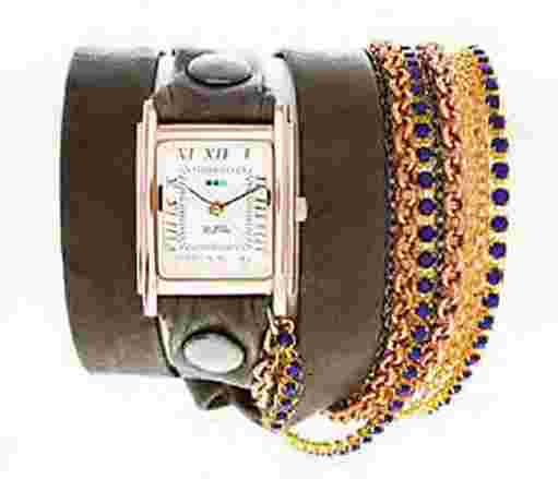La Mer Sapphire Crystal Chain Gold Square Wrap Watch