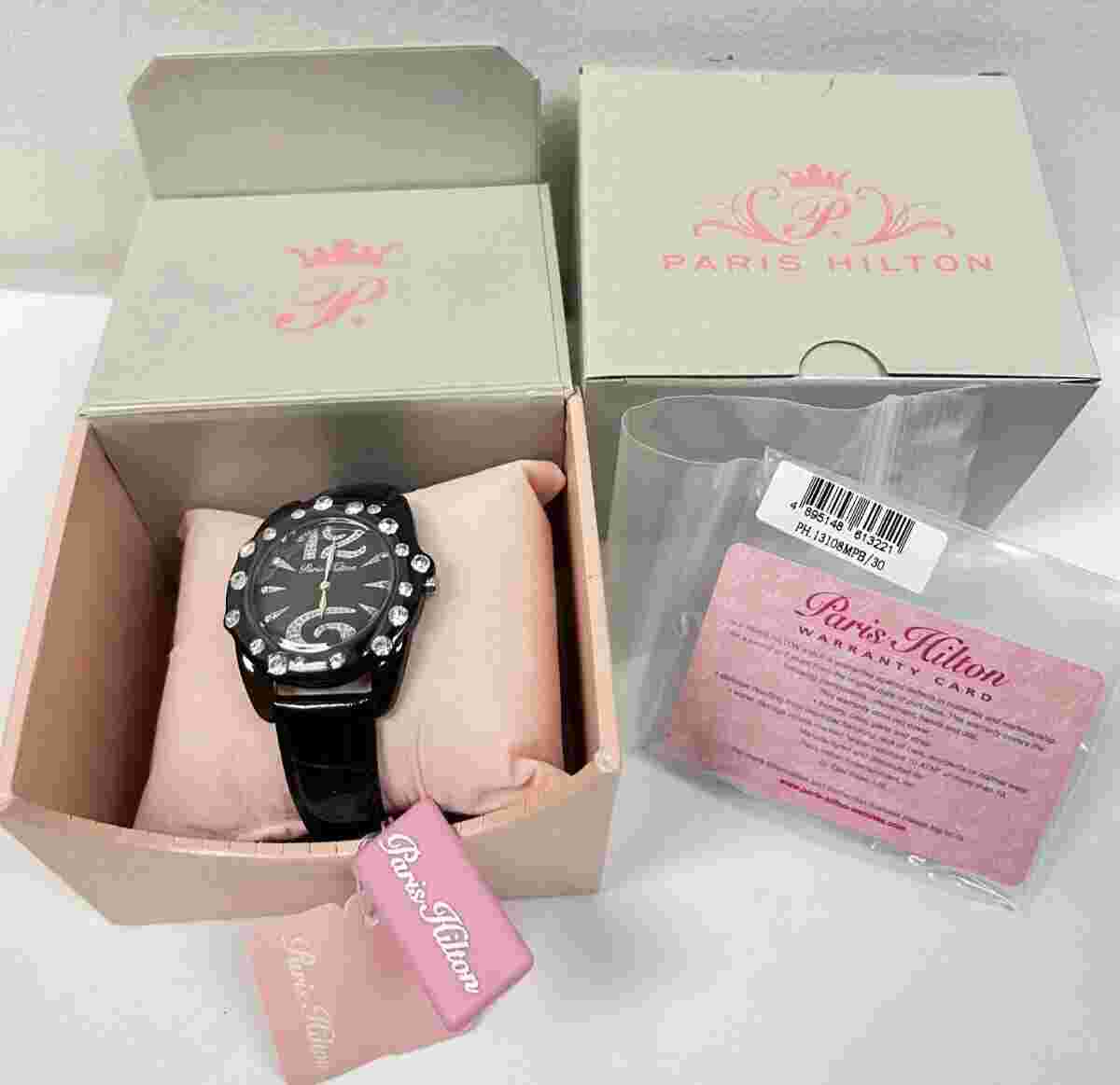 PARIS HILTON Women's Black Leather Quartz Watch new sparkle pink-NEW