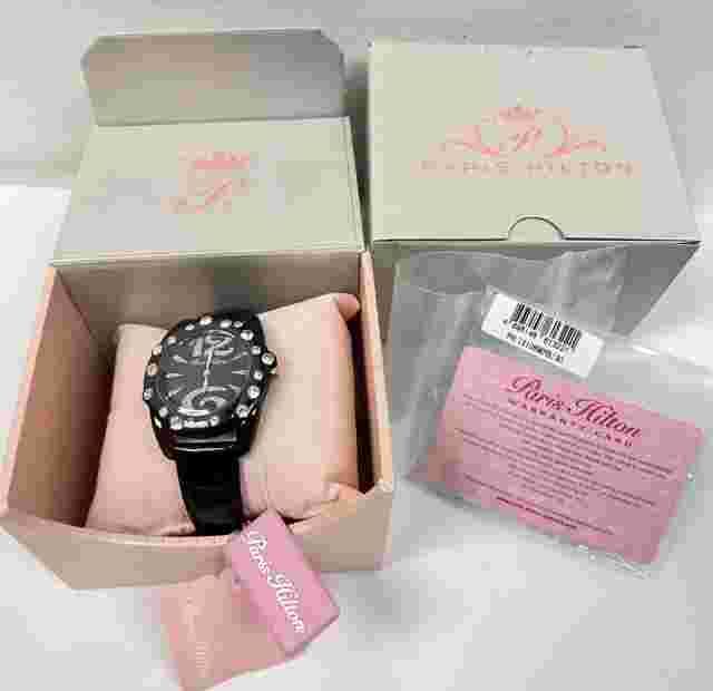 PARIS HILTON Women's Black Leather Quartz Watch new sparkle pink-NEW