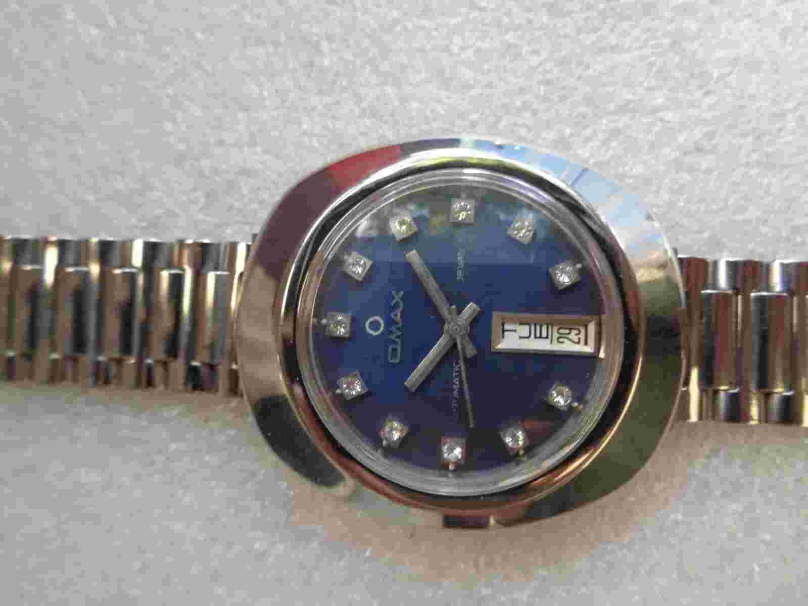 RARE VINTAGE SS Swiss Blue Dial Omax Men's Automatic Wristwatch